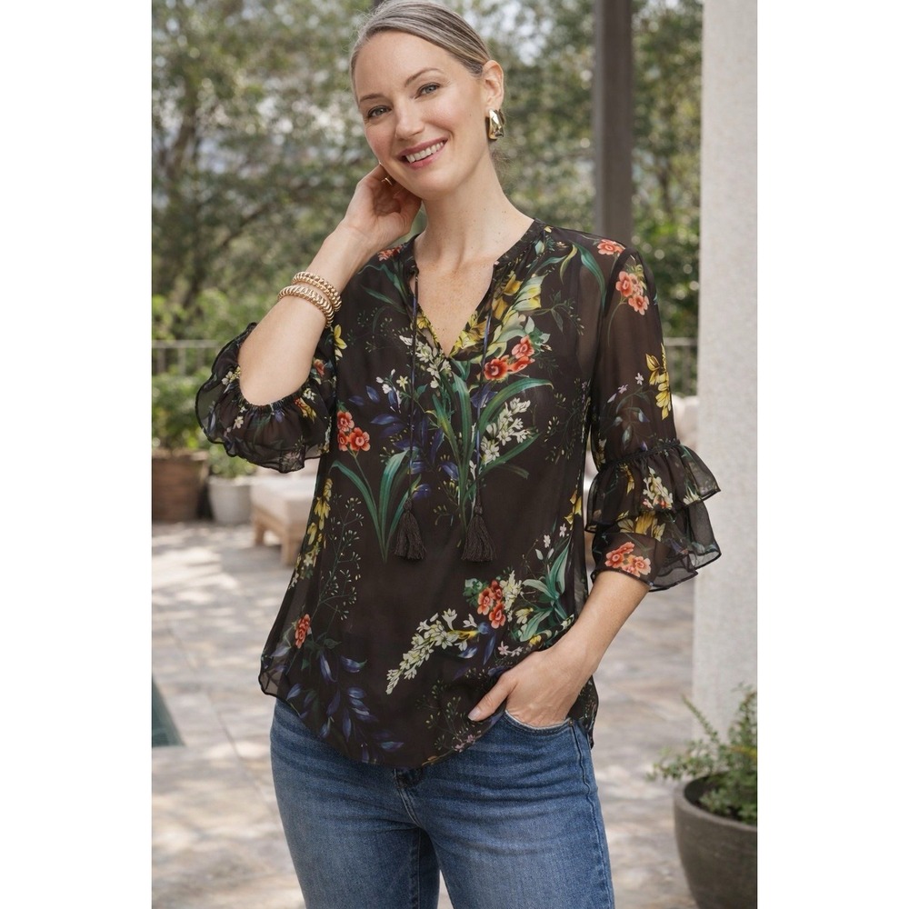 Women's  Floral Chiffon Blouse Sheer Peasant Top Tassel Tie Neck Boho‎ Work Chic
